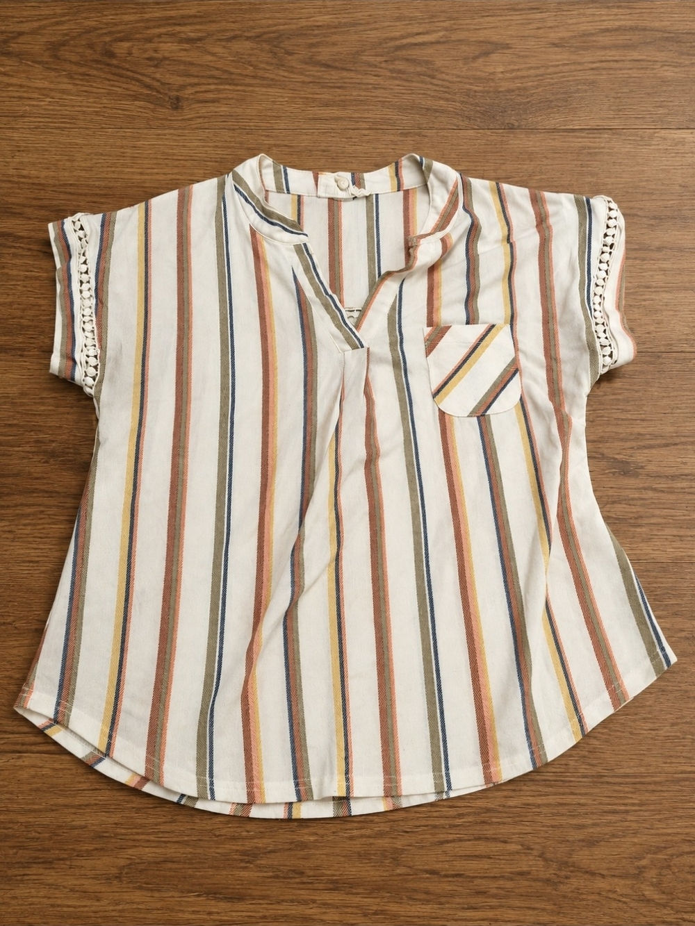 Sweet Wanderer Women’s Striped Boho Blouse Crochet Sleeve Size M